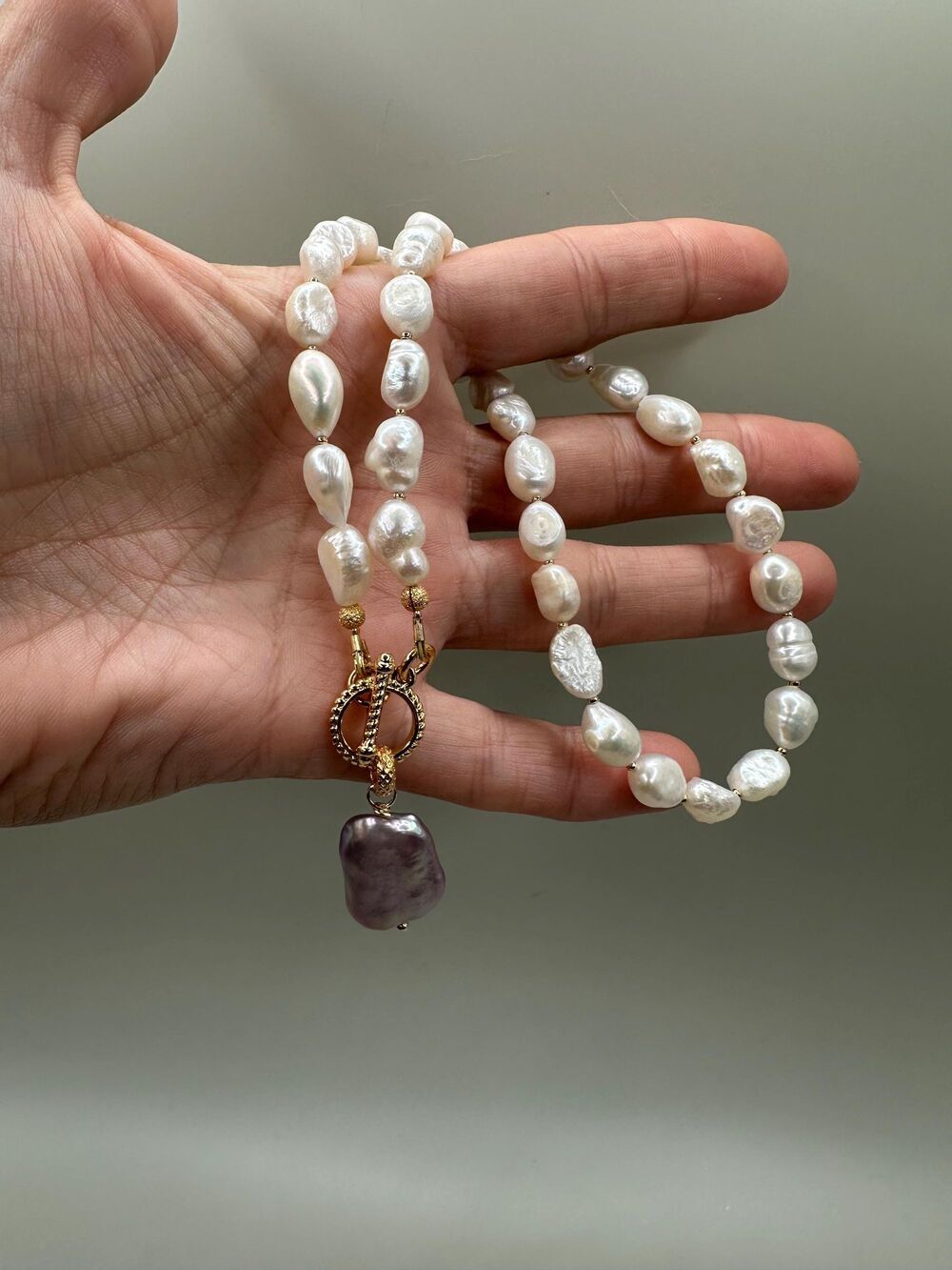 White Nugget Pearl Choker, Purple Baroque Pearl, Gold Toggle, 16 - Picture 2 of 8